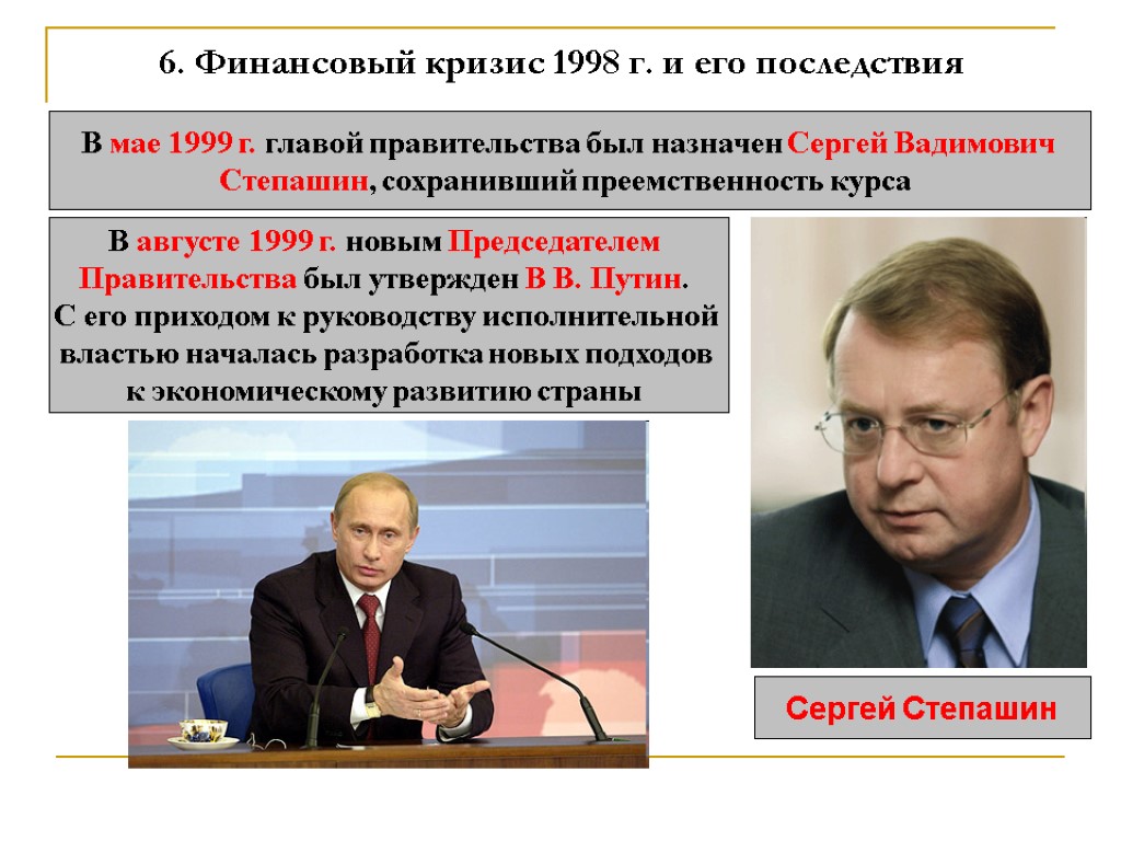 6. Финансовый кризис 1998 г. и его последствия В мае 1999 г. главой правительства